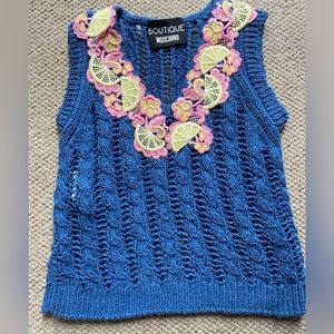 Boutique Moschino Open Knit Blue Lemon Sweater Vest Top XS/S
